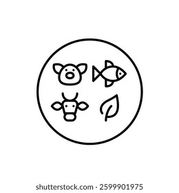 Pork, beef, fish or vegetables as sources of protein. Diet restrictions. Restaurant or takeaway menu. Pixel perfect, editable stroke vector icon