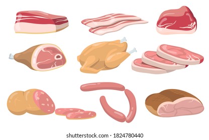 Pork, beef and lamb raw meat flat item set. Cartoon fresh meat products, steaks and sausages isolated vector illustration collection. Food and nutrition concept