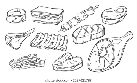 Conjunto de iconos de carne de cerdo y carne de res. Dibujado a mano retro crudo y barbacoa filete, shish kebab en pincho y costillas, filete de res y pierna con hueso. Mascotas de productos alimenticios de carniceros, Ilustración vectorial de iconos de carne de garabato