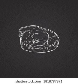 Schweinefleisch- oder Rindfleisch-Stück-Symbol-Kreide auf schwarzer Tafel, Cartoon-Vektorgrafik einzeln auf schwarzem Hintergrund. Teil der ökologischen Fleischproduktion bzw. des Fleischerprogramms.