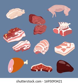 Pork beef mutton duck meat vector illustration on the blue background. Vector illustration
