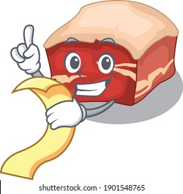 Pork belly mascot character style with food and beverage menu on his hand. Vector illustration