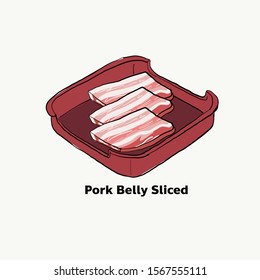 Pork belly sliced on red plate,meat for Japanese grill, korean grill, thai pan bbq grill. Drawing illustration vector.