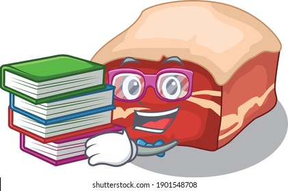 Pork belly student mascot design read many books when study at home. Vector illustration