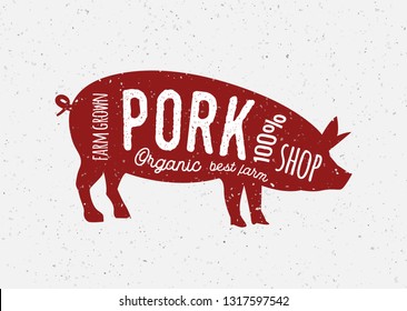 Pork butcher vintage diagram meat illustration. Pig cut butchery farm food menu logo bacon.