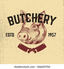 Pork. Butchery. Hand drawn pig head on grunge background. Design elements for restaurant menu, poster, emblem, sign. Vector illustration.