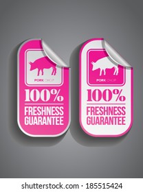 Pork chop food sticker with 100% freshness guarantee stamp.