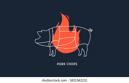 Pork Chops. Barbecue, Butchery Logo. Pig Silhouette With Fire, Flame. Butcher's Diagram Template. Vector Illustration