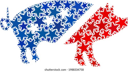 Pork composition of stars in different sizes and color tints. Pork illustration uses American official blue and red colors of Democratic and Republican political parties, and star parts.