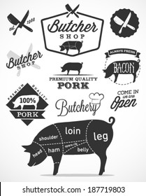 Pork Cuts Diagram and Butchery Design Elements in Vintage Style