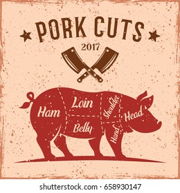 Pork cuts scheme in vintage style for butcher shop vector illustration with grunge textures