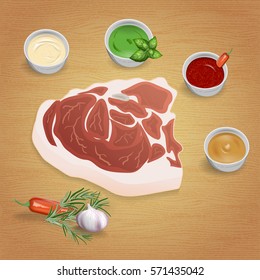 Pork with delicious sauces. Mustard, ketchup, garlic, pepper. For use as logos on cards, in printing, posters, invitations, web design and other purposes.