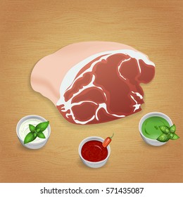 Pork with delicious sauces and spices. Mustard, ketchup, pepper, basil. For use as logos on cards, in printing, posters, invitations, web design and other purposes.