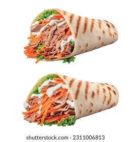 Pork ears Shawarma with korean carrot in lavash realistic 3d vector graphic isolated white background for menu