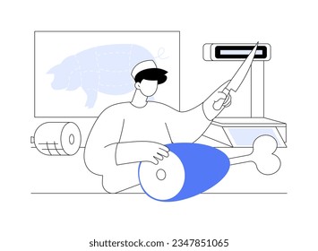 Ilustración vectorial de concepto abstracto de fabricación de cerdo. Carnicero profesional cortando cerdo, fabricación de carne, industria de procesamiento de alimentos, productos cárnicos, metáfora abstracta de tenderloin orgánico.