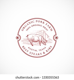 Pork Farm Framed Retro Badge or Logo Template. Hand Drawn Pig and Farm Landscape Sketch with Borders and Retro Typography. Vintage Sketch Emblem. Isolated.