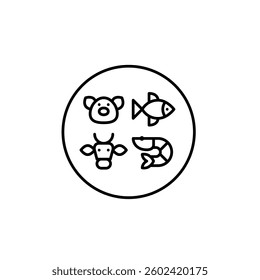 Pork, fish, beef and shrimp. Meat and seafood protein sources in a healthy diet or restaurant menu. Pixel perfect, editable stroke vector icon