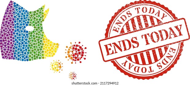 Pork flu infection mosaic icon of round dots in variable sizes and spectrum color tones. Red round rubber watermark with Ends Today phrase.