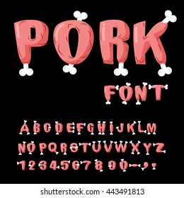 Pork font. Beef alphabet. Meat on bones of lettering. Ham ABC. Set Bacon letters. steak typography