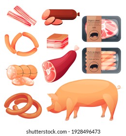 Pork food products, butchery meat and sausages