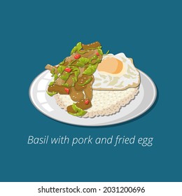 Pork and fried egg. Thai food. Vector 