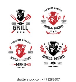 Pork grill and steak labels, badges, stickers, logos and design elements. Set of vector templates isolated on white background.