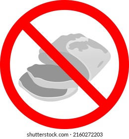 Pork ham with a forbidden sign. A ban on the import of meat products has been introduced. The symbol of a flat ham. Vector illustration.