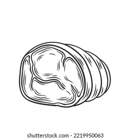 Pork ham outline icon vector illustration. Line hand drawn cooked or smoked boneless meat roll with skin, pork fillet with fat cut for breakfast sandwich, delicatessen food snack from butchery