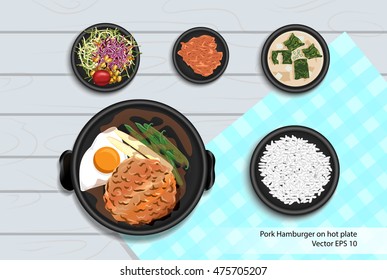 Pork Hamburger On Hot Plate Top View.Vector Illustration