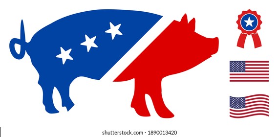 Pork icon in blue and red colors with stars. Pork illustration style uses American official colors of Democratic and Republican political parties, and star shapes. Simple pork vector sign,