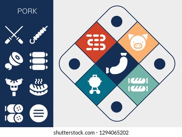  pork icon set. 13 filled pork icons. Simple modern icons about  - Sausage, Salami, Meat, Ribs, Skewers, Skewer, Pig, Sausages, Barbecue