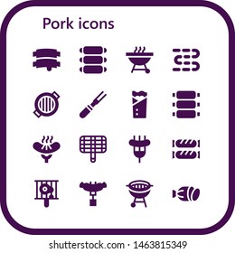 pork icon set. 16 filled pork icons.  Collection Of - Ribs, Barbecue, Sausages, Grill, Meat, Kebab, Sausage, Bbq, Salami