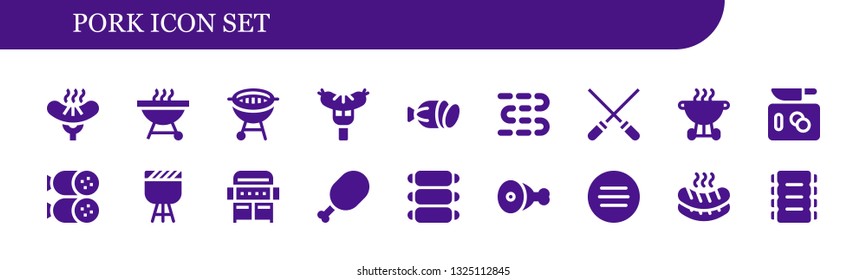 pork icon set. 18 filled pork icons.  Collection Of - Sausage, Barbecue, Bbq, Salami, Sausages, Skewers, Chop, Grill, Meat, Ribs
