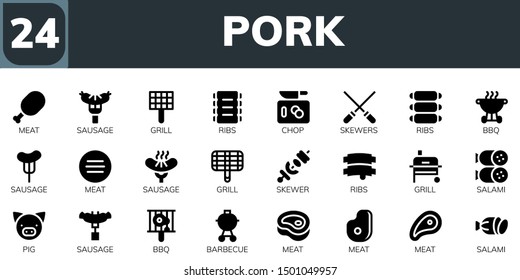 pork icon set. 24 filled pork icons.  Collection Of - Meat, Sausage, Grill, Ribs, Chop, Skewers, Bbq, Skewer, Salami, Pig, Barbecue