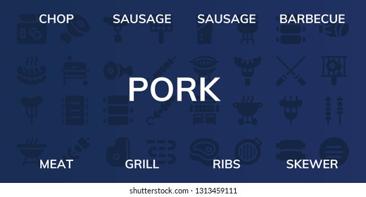 pork icon set. 32 filled pork icons. on blue background style Simple modern icons about  - Chop, Sausage, Barbecue, Meat, Grill, Ribs, Skewer, Sausages, Kebab, Bbq, Skewers, Salami