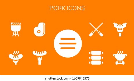 pork icon set. 9 filled pork icons. Included Meat, Sausage, Barbecue, Bbq, Ribs, Skewers icons