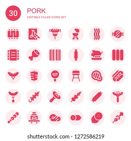pork icon set. Collection of 30 filled pork icons included Ribs, Chop, Sausage, Barbecue, Bacon, Ham leg, Pork, Kebab, Meat, Skewer, Barbecue grill, Sausages, Cold meat
