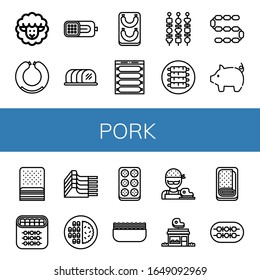 pork icon set. Collection of Lamb, Sausage, Ham, Tenderloin, Shish kebab, Ribs, Pig, Bacon, Mutton, Meat, Meatball, Minced meat, Butcher, Butcher shop, Meatloaf icons