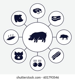 pork icons set. Set of 9 pork filled icons such as hog, pig, bacon