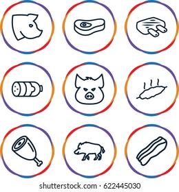 Pork icons set. set of 9 pork outline icons such as hog, pig, sausage, bacon