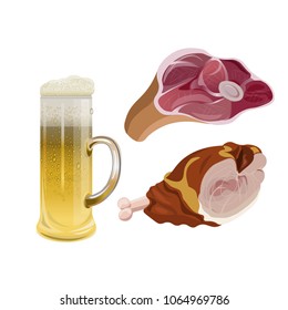 Pork knuckle with beer. Vector illustration isolated on white background