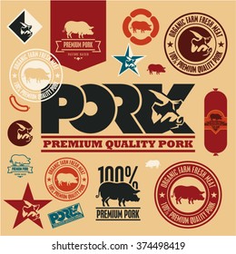 etiquetas de cerdo y conjunto de indicadores vectoriales, logotipo de cerdo premium, icono de cerdo,