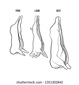 Pork, Lamb And Beef Hunging Half-carcass In A Slaughterhouse Doodle Whiteboard Drawing