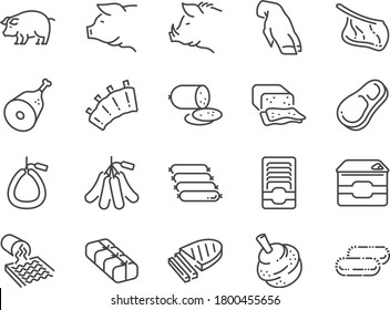 Pork line icon set. Included the icons as pig, ham, sausage, food, ingredient, meat products  and more.