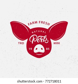 Pork logo, label, print, poster for butcher shop, farmer market, groceries, meat stores. Red pig head silhouette. Pork hand written lettering word. Vintage style. Vector illustration