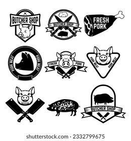 Pork meat, butcher shop labels.  Design element for logo, label, emblem, sign, mark. Vector illustration.