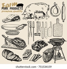 Pork meat. Meat collages. Meat products set of hand drawn vector sketches.