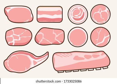 Pork meat collection: part of sliced pork. Farm pig product vector illustration flat drawing in light background.