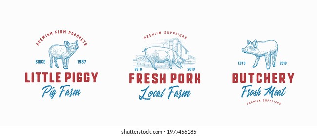 Pork Meat Farm Badges or Logo Templates Set. Hand Drawn Pig, Pigglets and Farm Landscape Sketches with Retro Typography. Vintage Food Sketch Emblems Collection. Isolated.