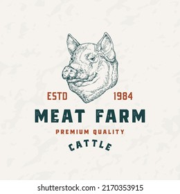 Pork Meat Farm Retro Badge Logo Template. Hand Drawn Pig Face Sketch with Retro Typography. Vintage Cattle Sketch Emblem. Isolated